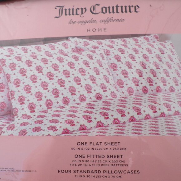 Juicy Couture 6pc QUEEN Sheet Set Snowglobes Pink / White - Picture 2 of 6